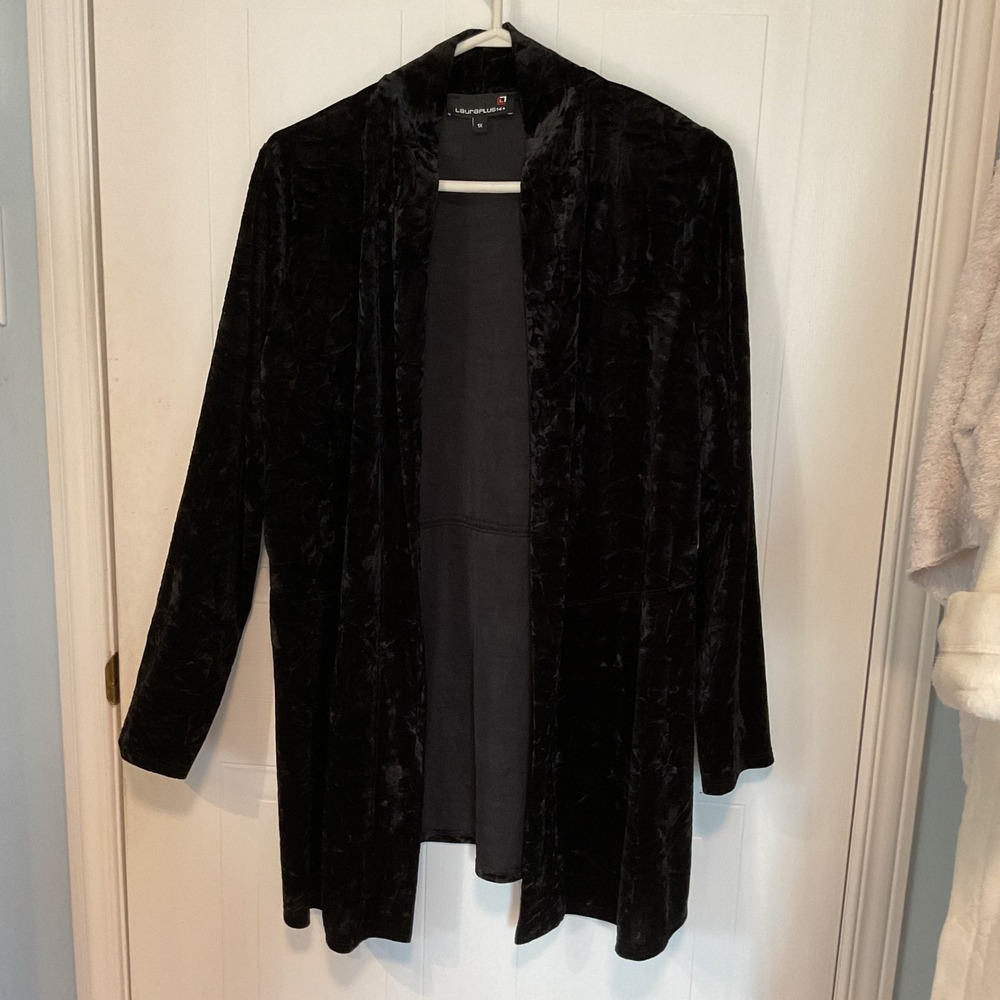 Laura Plus Cardigan Jacket Women 1X Black Excellent Crushed Velvet Open Front